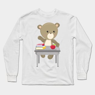 Bear Going To School, Cute Bear, Brown Bear, Desk Long Sleeve T-Shirt